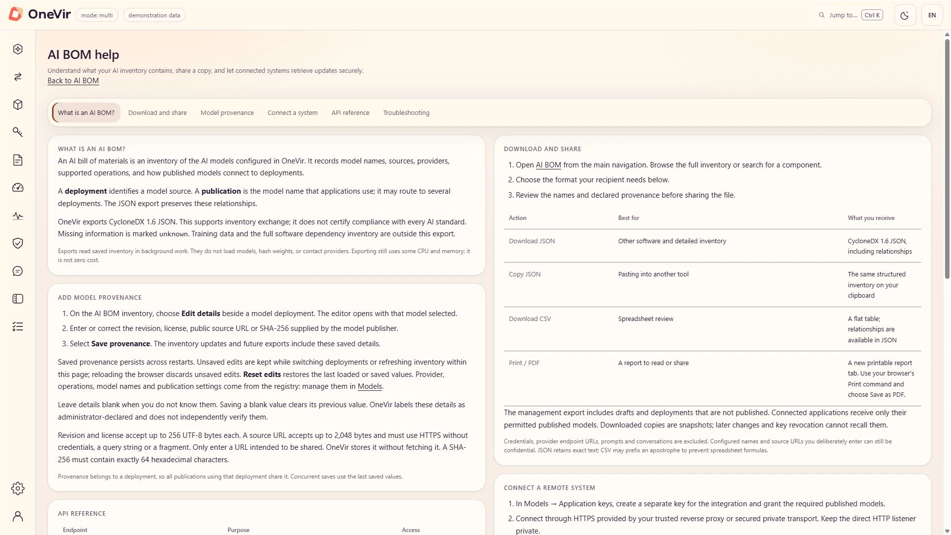 AI BOM help page: download and share options for CycloneDX 1.6 JSON, copied JSON, CSV and a printable report.