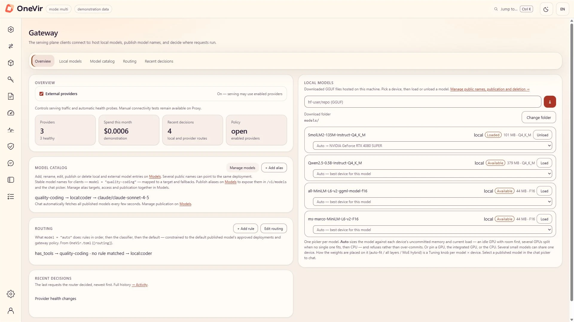 Local models list on the Gateway page: loaded status, size, quantization and a device picker showing Auto placed on an NVIDIA GeForce RTX 4080 SUPER.