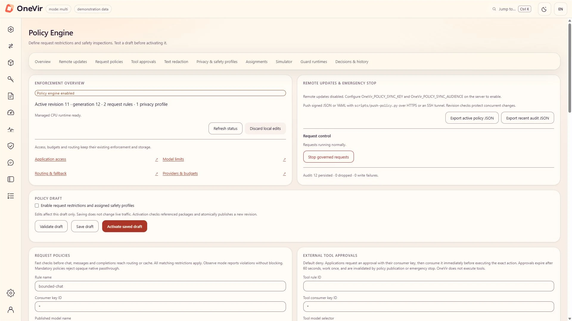 Remote updates and emergency stop card in the Policy Engine, with Export active policy JSON, Export recent audit JSON and Stop governed requests buttons.