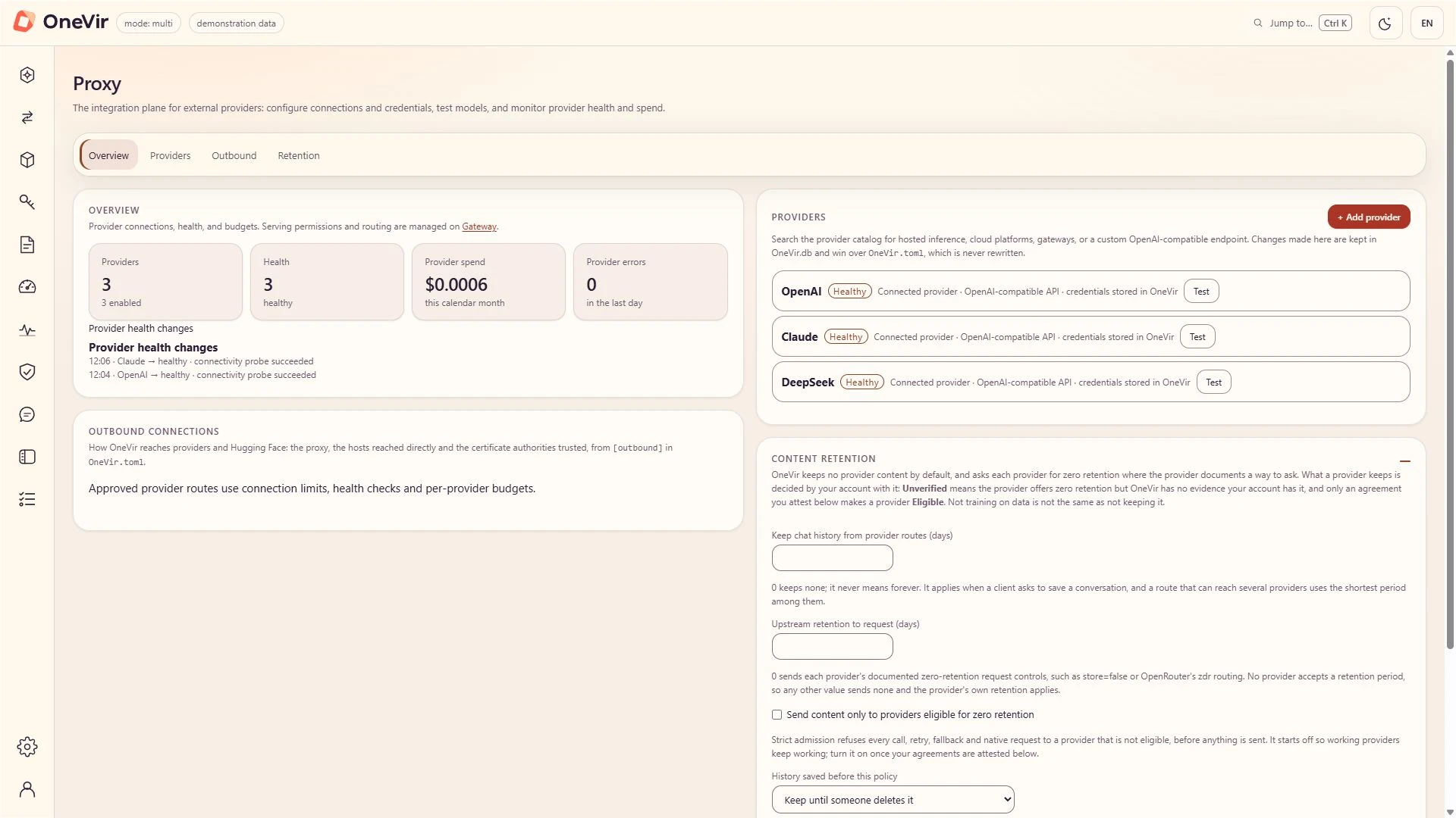 OneVir Proxy page showing connected provider entries and their health status, with credentials stored inside OneVir.